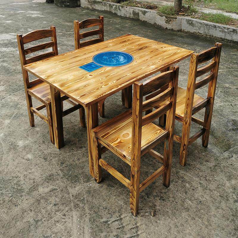 碳化实木火锅桌椅石锅鱼韩式瓦斯炉方桌烧烤桌休闲农场大排档烤肉