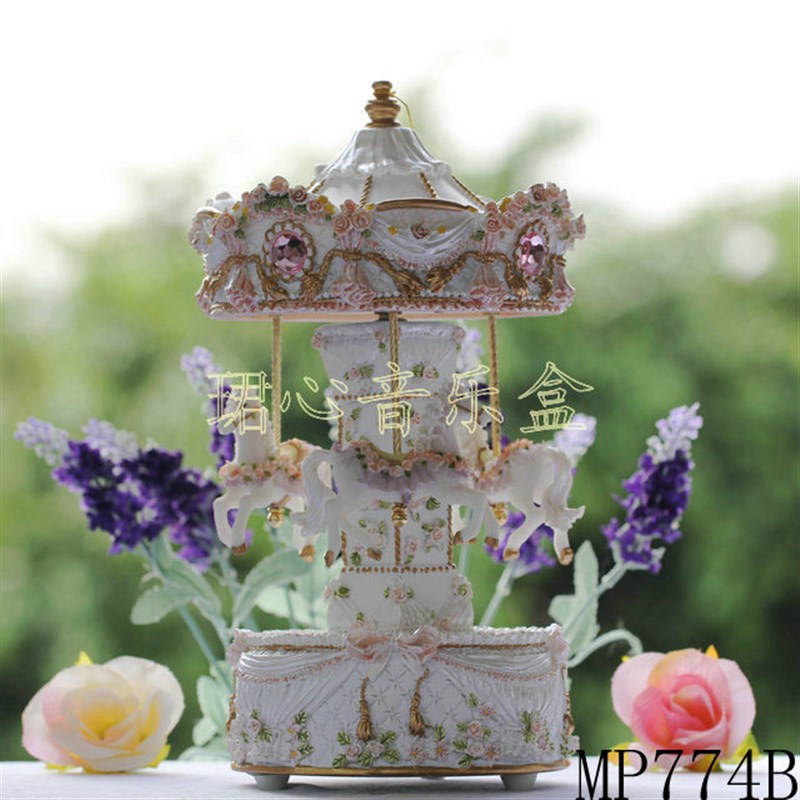 音乐盒 树脂摆件k 旋转木马音乐盒 雕花八音盒 创意家居生日礼品