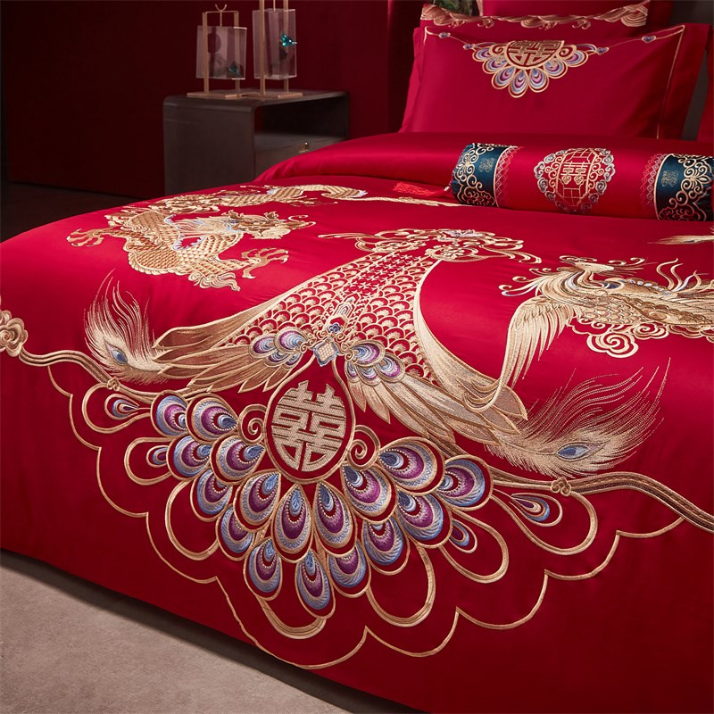 结婚庆四件套全棉喜庆婚房床上用品纯棉大红色床单床盖龙凤被套新