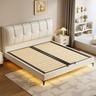 纯实木意式极简薄床头小户型静音双E人床加厚钢木排骨架床定制尺