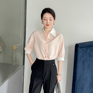 低饱和度粉色衬衫女中袖宽松夏款通勤七分袖高端职业装抗皱衬衣