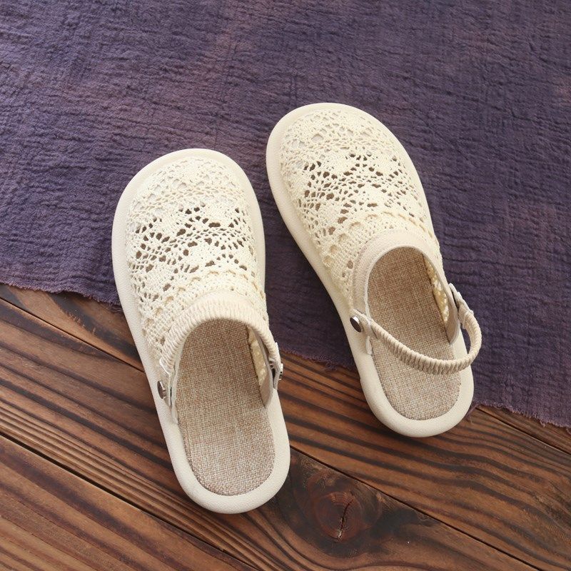 两穿包头凉鞋女夏季新款镂空亚麻女鞋网面透气网鞋平底半包拖鞋女,女鞋,洞洞鞋,淘宝优惠券,粉丝福利购,淘宝优惠卷