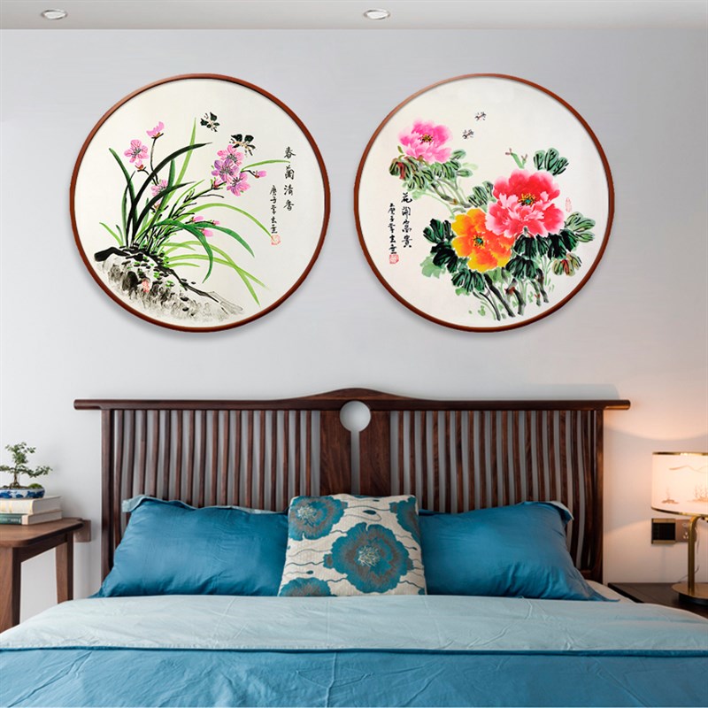 手绘牡丹国画圆形装饰画客厅卧室走道壁画餐厅花鸟玄关电表箱挂画图片