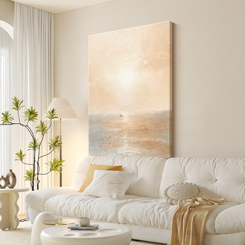 奶油侘寂风客厅装饰画日出海景沙发背景墙挂画落地画肌理玄关壁画