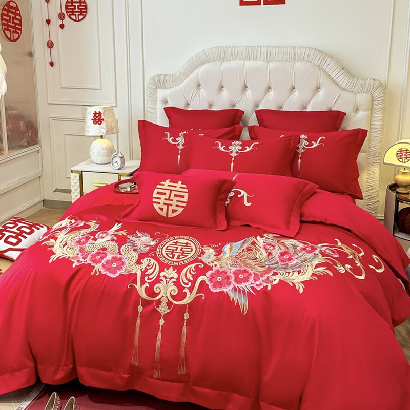 高级感新款龙凤刺绣婚庆四件套红色新婚被套床单高档结婚喜被床品