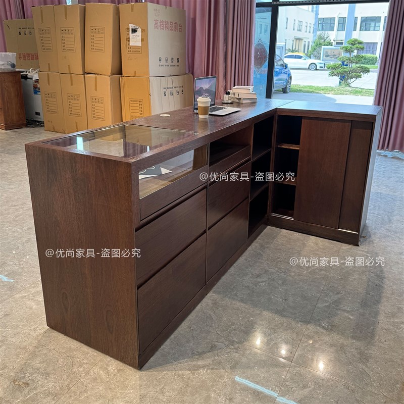 深胡桃色转角吧台收银台服装店烤漆前台接待台店铺小型餐饮店柜台