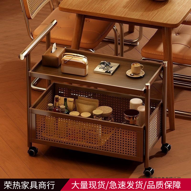 爆款移动小茶几沙发客厅复古收纳边柜置物架藤编边柜中古小推车竹