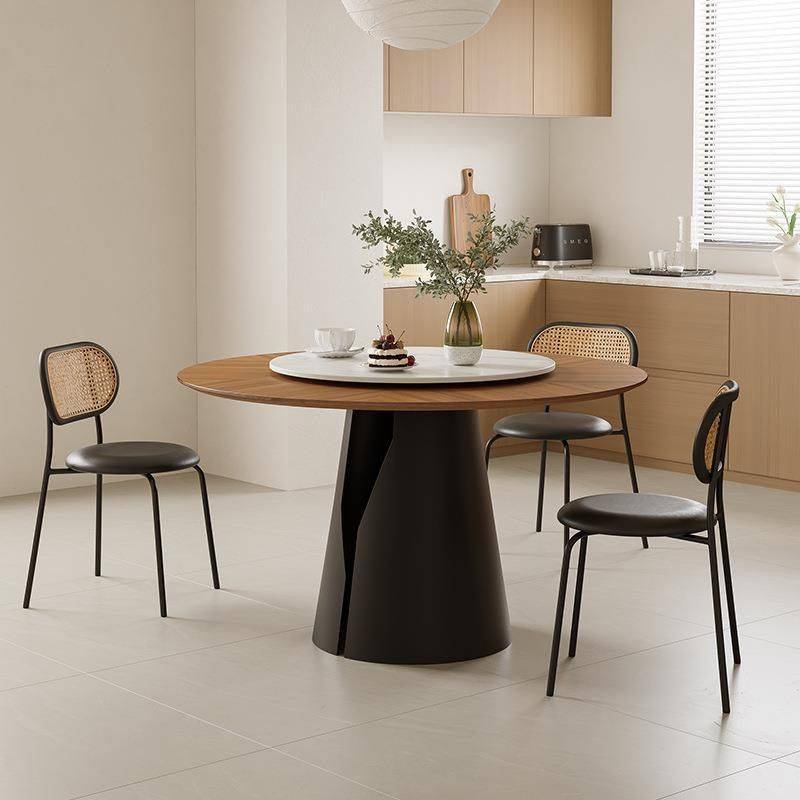 实木法式餐桌家用古风小户型圆形饭桌复古圆桌胡桃木餐桌椅组合