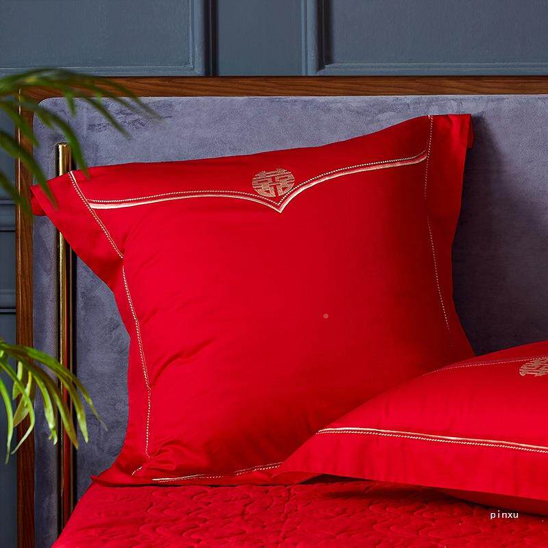 结床含婚大红上抱枕婚庆纯棉绣花靠枕套垫中式红色104喜抱枕套芯