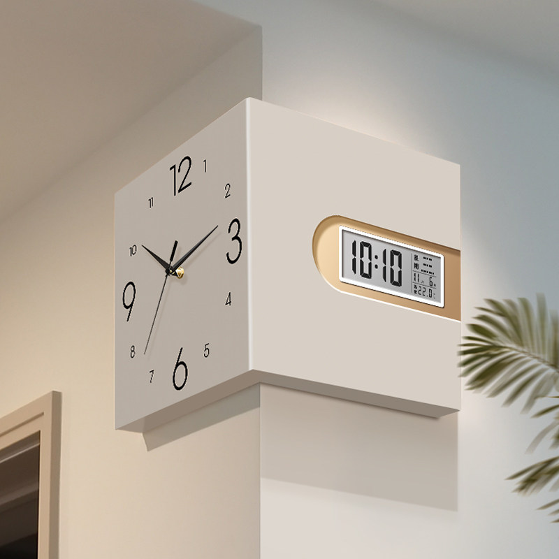 客厅转角时钟2025新款拐角钟表挂画感双面挂钟家用液晶表挂墙