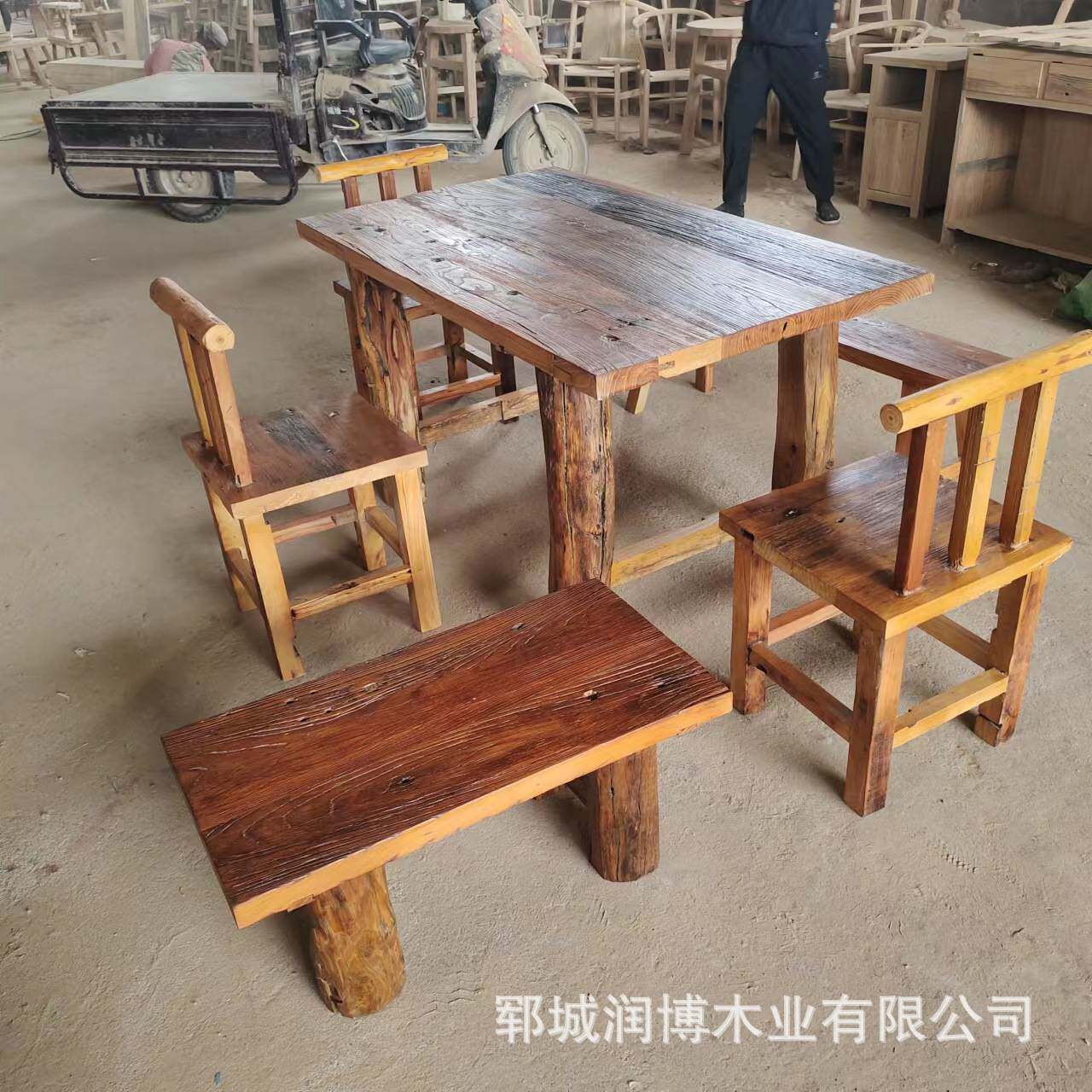 复古餐桌老榆木茶桌组合实木中式椅子旧木板禅意风化门板桌长条凳
