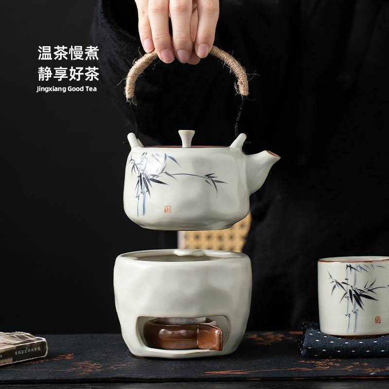 米黄汝窑茶壶家用大号提梁壶茶具陶瓷单壶手绘青花瓷泡茶器煮茶壶