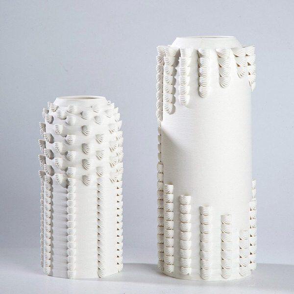 现代简约3D打印陶瓷花瓶哑光白色编织肌状理纹花器样板间装饰摆件