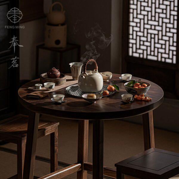 奉茗胡桃木中式茶室桌椅组合功夫茶具禅意干泡台围炉煮茶取暖圆桌