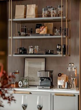 样板房间客厅厨房吧台橱柜软装咖啡机餐具收纳罐托盘组合饰品摆件