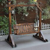 户外防雨庭院防腐木摇椅荡秋千室外花园家用阳台装 饰木质支架吊椅