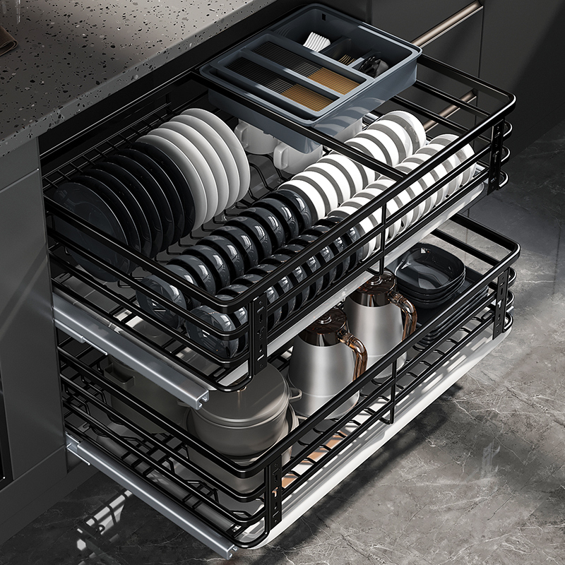 304不锈钢拉篮k厨房橱柜调味料双层抽屉式碗碟架滑轨收纳碗篮