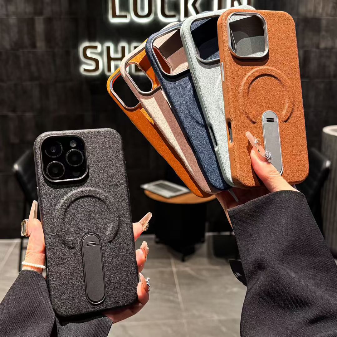 新款站立旋转支架适用于苹果手机壳iPhone17Promax全包防摔16ProMax磁吸15promax高级感14Pro简约素皮保护套