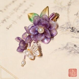 复古宫廷风紫色花朵发夹珍珠流苏真丝边夹中国风发饰2026新款对夹