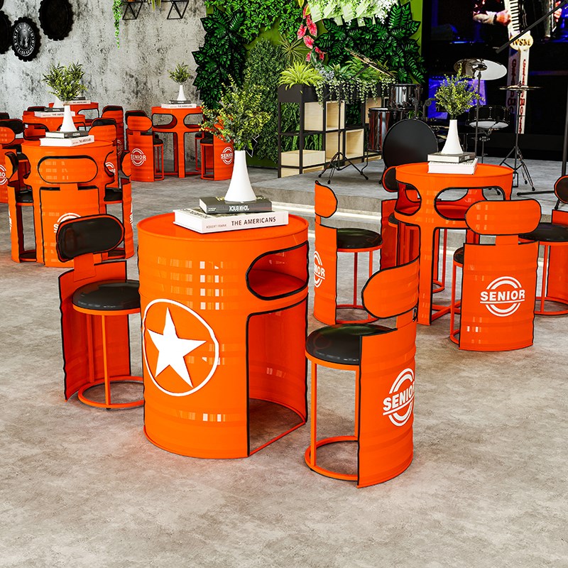 工业风可外摆推入式不占地酒清吧休息区休闲油桶餐X桌椅子组合凳