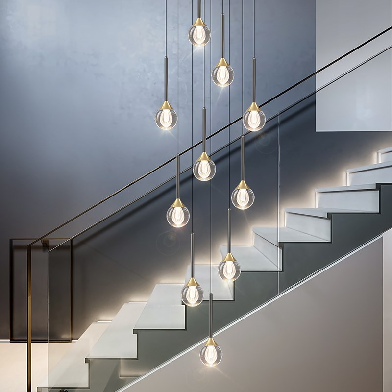 复式楼梯吊灯简约loft公寓挑空客厅别墅水晶N轻奢旋转楼梯间长吊