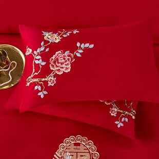 婚庆大红四件套亲肤磨毛结婚绣花简约嫁娶婚房床上用品六件套