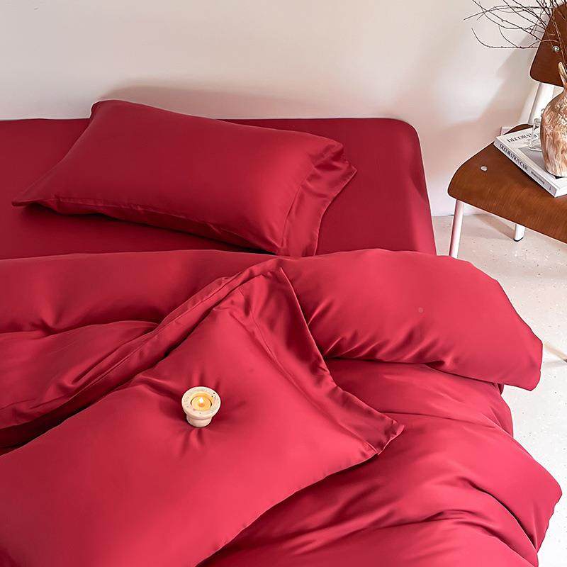 款庆冰丝四件套酒红色夏天丝滑结被套床单婚薄被罩婚6126649轻奢