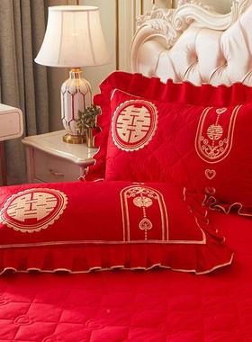 婚*庆大红色全棉枕芯套一对57292313嫁装绣4874纯棉陪结婚枕套花