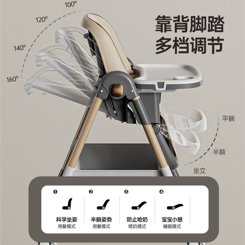 宝宝餐椅家用可折叠调节婴儿吃饭座椅带轮子便携式多功能儿童餐椅