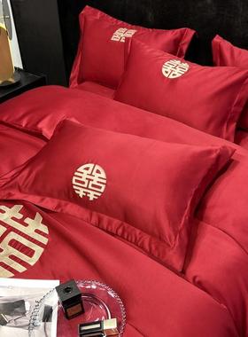 喜大红色水洗棉毛结婚床上四件套新婚磨庆床ZJF25299品床单礼婚嫁