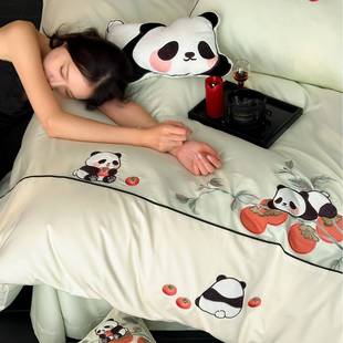 新0中式高端刺绣熊WSJ02猫1棉0长S绒结婚庆四件套全棉红色被套床