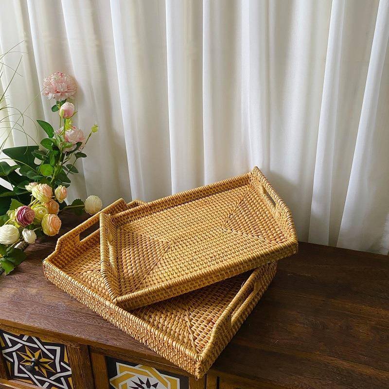 果越南秋藤编织收纳筐水点整心托盘筐餐桌面屉理摆抽一居家野餐篮