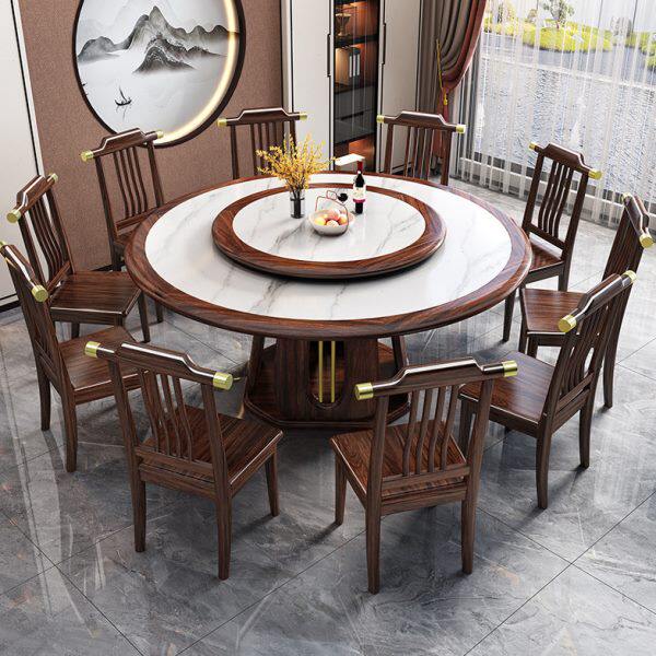 乌金木岩板餐桌新中式现代简约吃饭桌大户型家用带转盘实木大圆桌