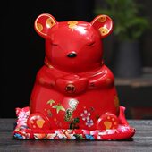 老鼠本命年存钱罐女储蓄罐卡通可存可取只进不出创意陶瓷红色摆件