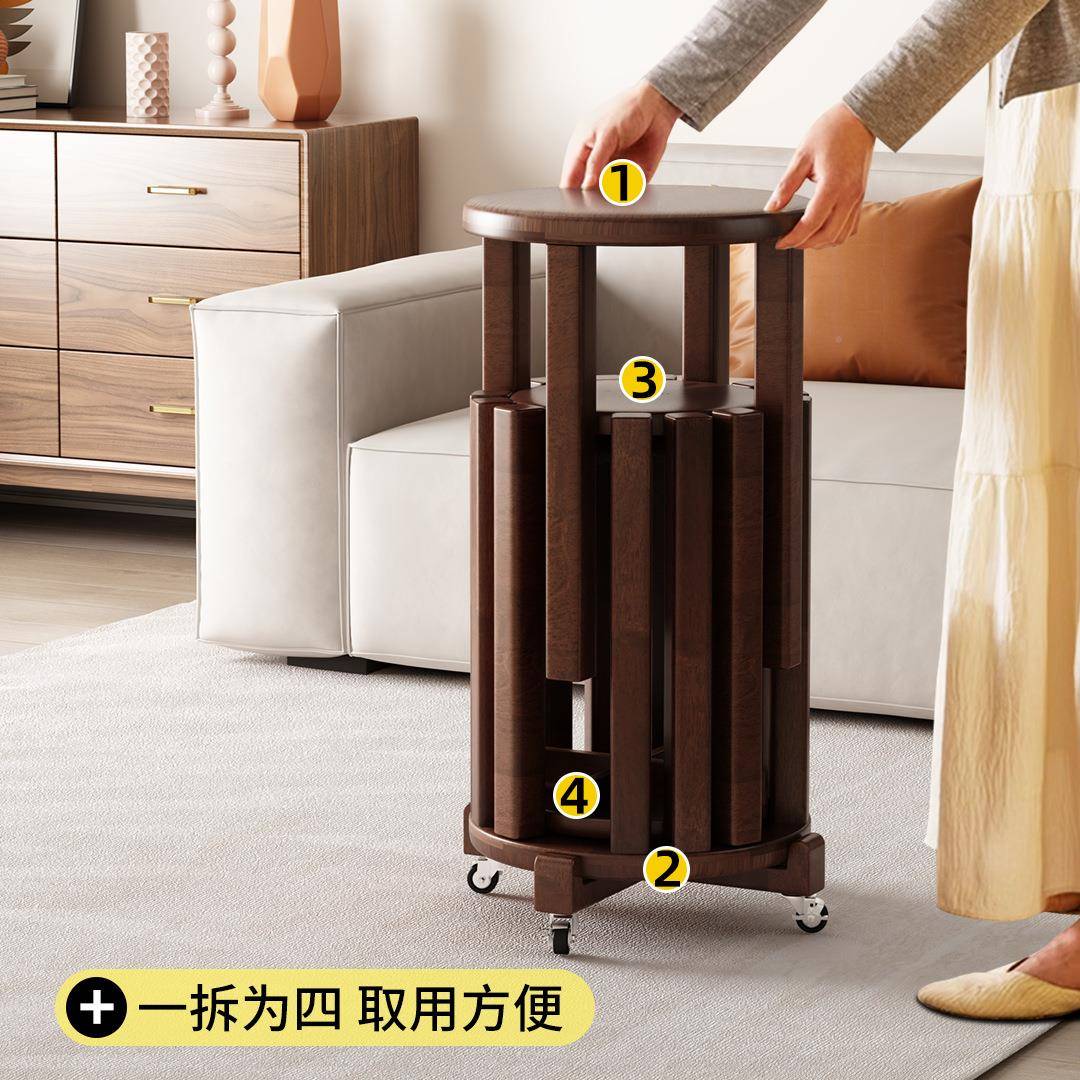 实木叠放茶用几组合凳子叠155叠乐圆凳餐桌待客带备凳滑轮可折叠