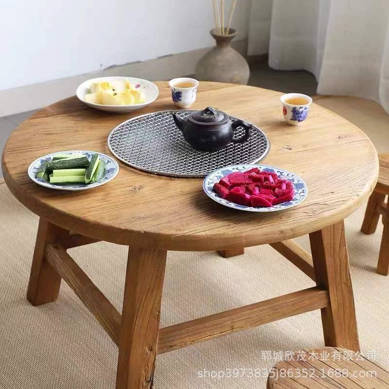 老榆木一桌围炉a54煮矮茶台几复茶古圆形桌四椅家具风化实木家用