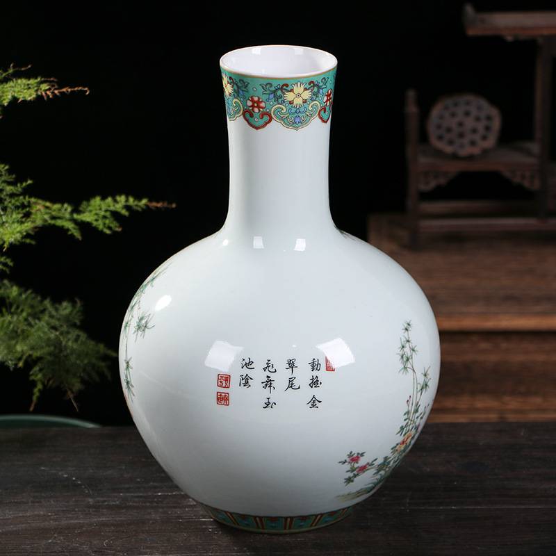 仿古中式粉彩孔雀天球花瓶 景德镇陶瓷家居客厅瓷器摆件工艺品