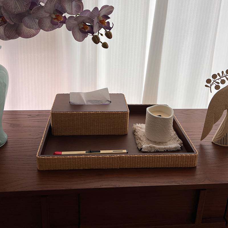 藤编中古风复古创意木质纸巾盒客厅高档轻奢家用餐桌抽纸盒纸抽盒