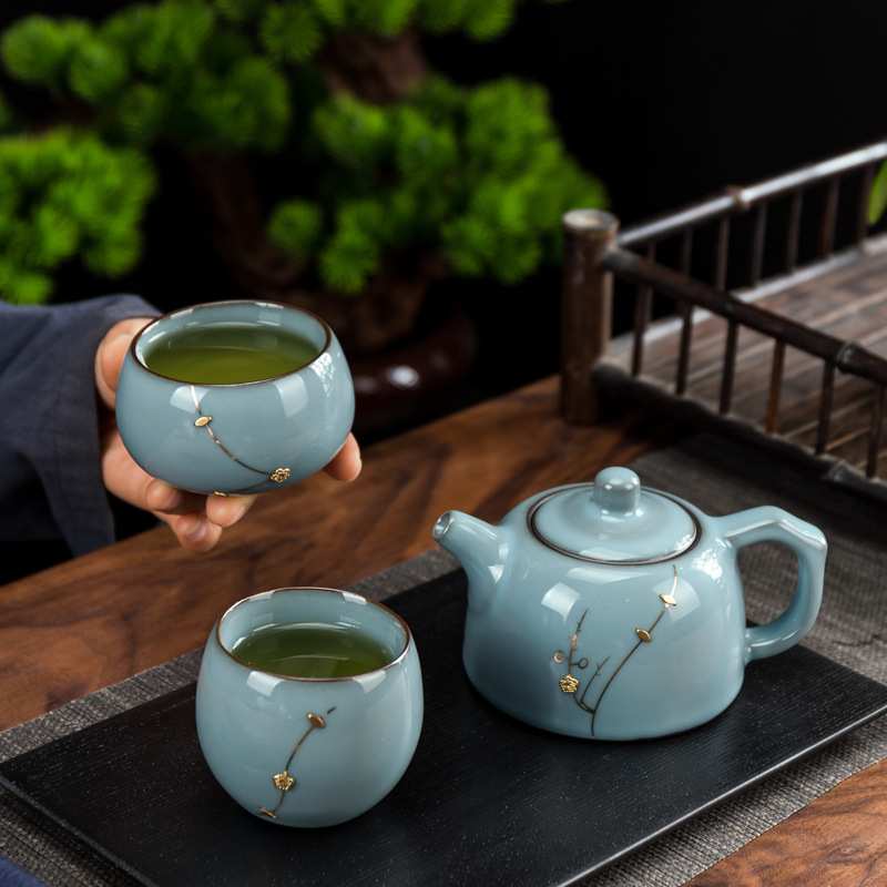 锔钉茶壶汝窑一壶二杯功夫泡茶壶茶杯茶具小套装盖碗复古陶瓷补钉