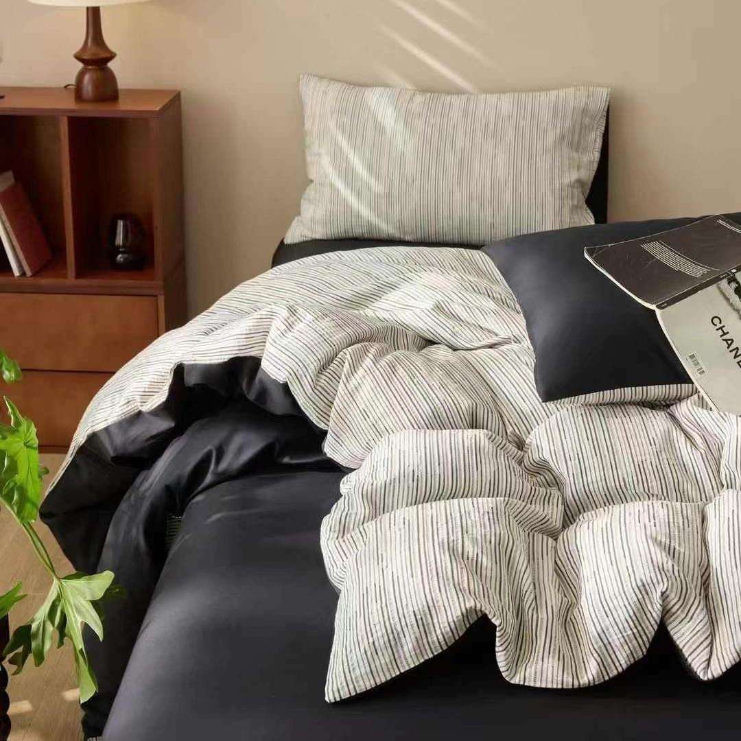 中古风全棉空气层提花简约四件套黑条纹全棉三层纱被套床单床品