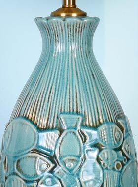 美PSK式青蓝色小鱼陶瓷灯厅台灯室床头现卧代简台约装饰台客灯