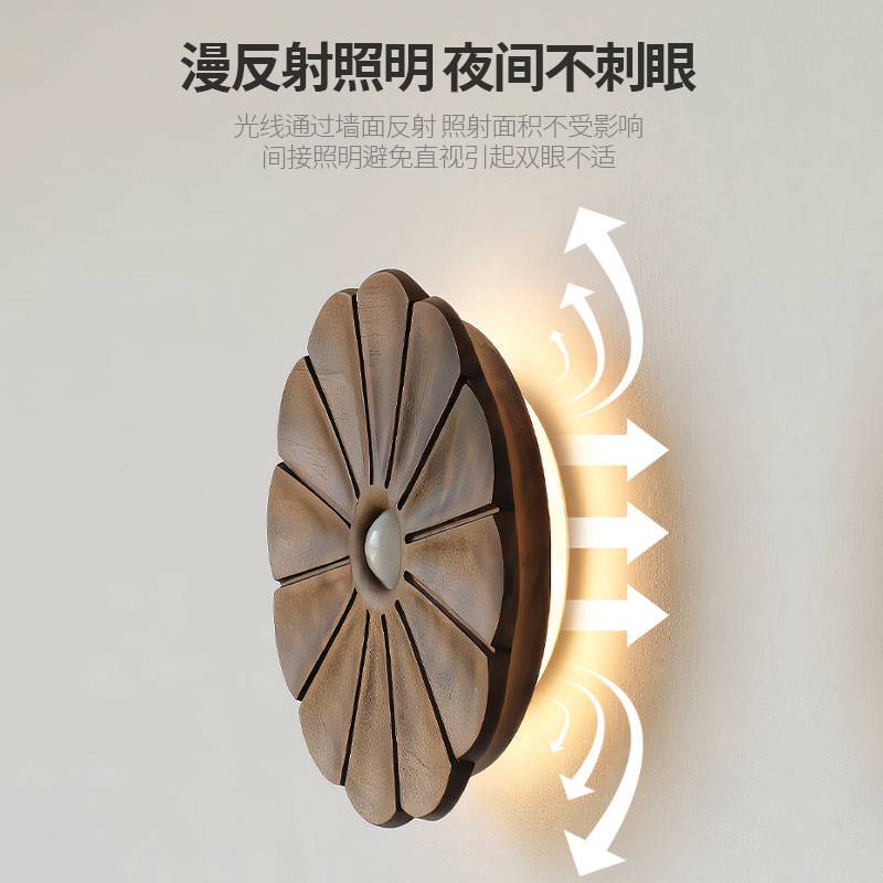 联动人体感应灯实木装饰壁灯磁吸充电智能感应小夜灯过道卧室夜灯