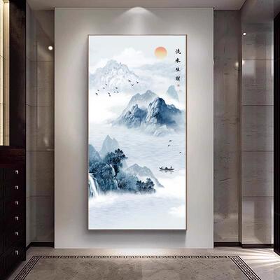 QCA新中式进门玄关高山过流水生财装饰壁水画竖版客松道山迎客厅