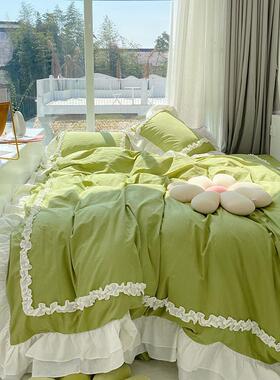 xKW鱼梦抹茶芝士绿Hk48YjBK~件床上四套荷叶边被套公主三淑洗女风