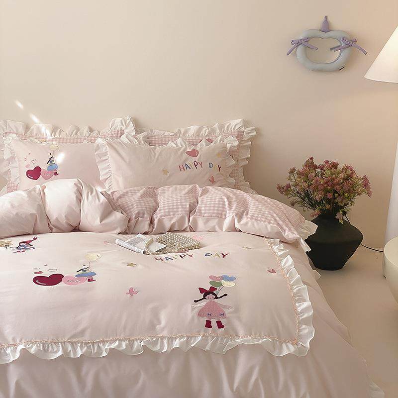 纯棉四花件套水洗棉棉荷蜜棠派叶床边贴布全绣三件套被套单床笠床,床上用品,床品套件/四件套/多件套,淘宝优惠券,粉丝福利购,淘宝优惠卷