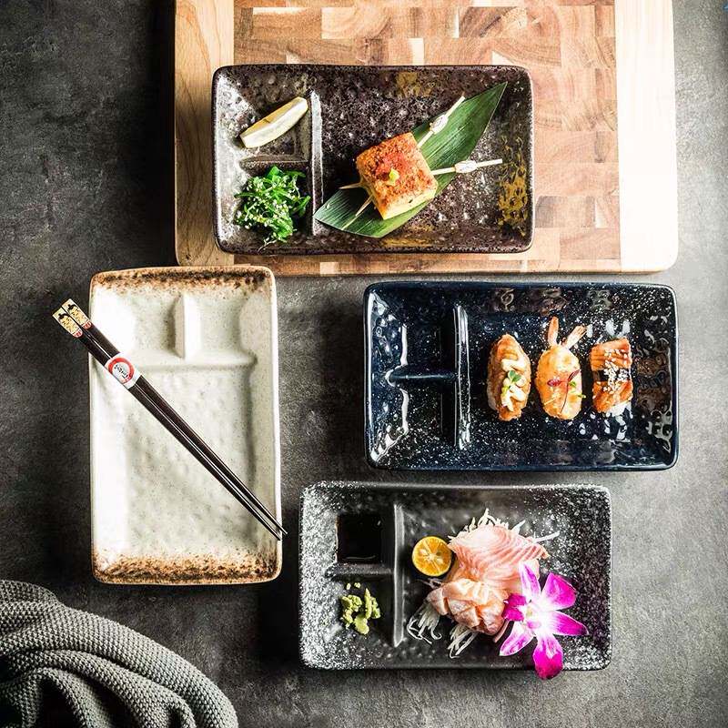 日式分隔盘家用三格带蘸料碟陶瓷寿司盘饺子定量盘子分格盘餐厅盘