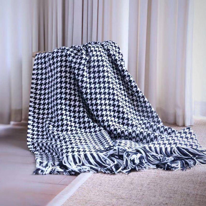 羊绒黑成分编织千鸟CLA格面白料样板房床巾面料28%wool72%acyl尾i