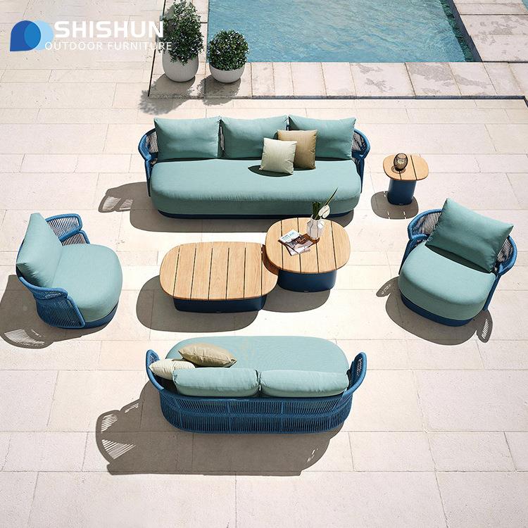 户外沙发绳编休闲组582合台花弧露形家具天园阳柚木沙发茶几绳椅