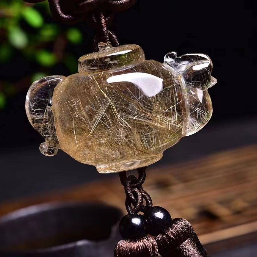 浩澜水晶天然水晶发晶手工雕刻茶壶把把胡包挂车挂搭配如意结流苏