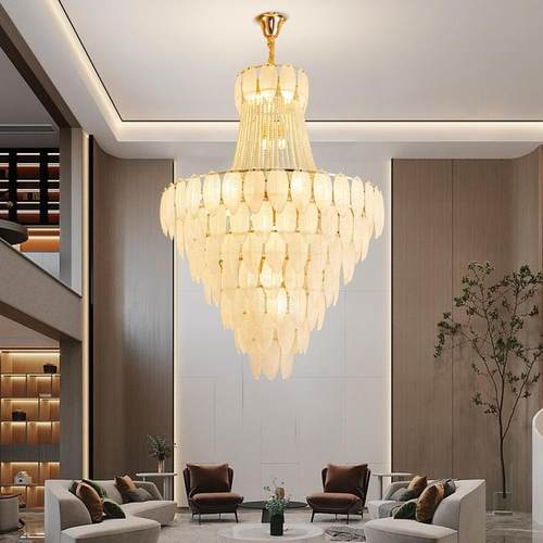 法式毛轻羽灯复式楼别墅挑吊空奢客厅吊灯楼中楼608中空水晶楼梯